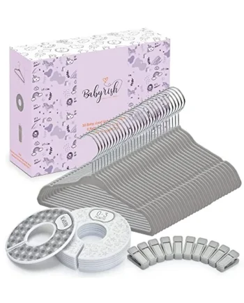 Babyrish Velvet Baby Hangers 30 Pack, Ultra Thin Nonslip Nursery Clothes Hangers with 8pcs Cute Clothing Dividers and 10pcs Hanger Clips for Kids Baby Boys & Girls Closet Organizer, Grey