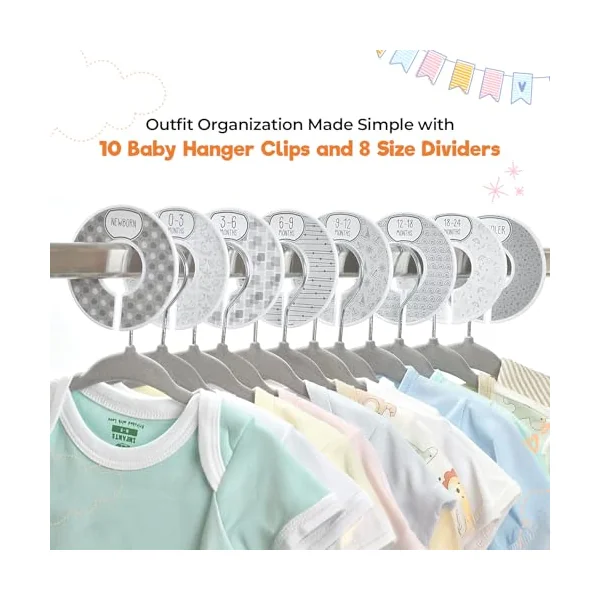 Babyrish Velvet Baby Hangers 30 Pack, Ultra Thin Nonslip Nursery Clothes Hangers with 8pcs Cute Clothing Dividers and 10pcs Hanger Clips for Kids Baby Boys & Girls Closet Organizer, Grey