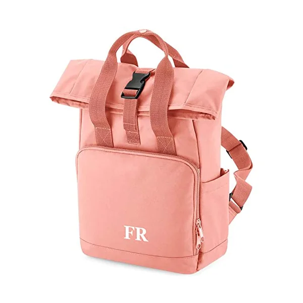 Backpack with Personalised Initials for Girls and Boys - Small Mini Roll Top Middle School Bag - Nursery or Primary Preschool Back Pack or Nappy Changing Bag, One Size, Navy