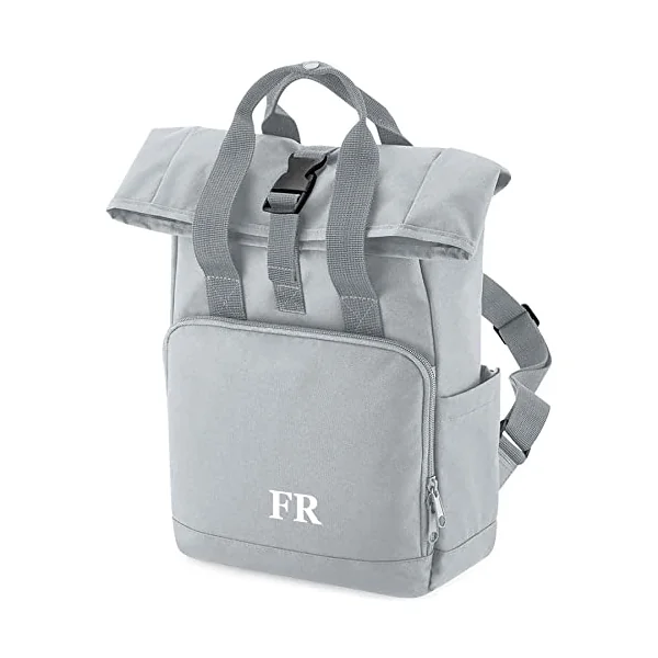 Backpack with Personalised Initials for Girls and Boys - Small Mini Roll Top Middle School Bag - Nursery or Primary Preschool Back Pack or Nappy Changing Bag, One Size, Navy