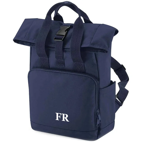 Backpack with Personalised Initials for Girls and Boys - Small Mini Roll Top Middle School Bag - Nursery or Primary Preschool Back Pack or Nappy Changing Bag, One Size, Navy