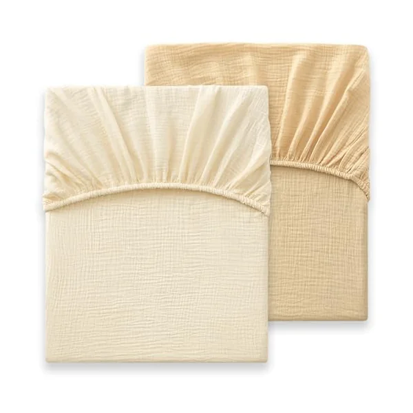 Bailix Heavyweight Muslin Crib Sheets - 2PCS 52"x28" Neutral Fitted Baby Crib Sheets for Boys Girls, Breathable Soft 100% Organic Cotton Standard Baby Mattress Sheet (Cream, Coffee)