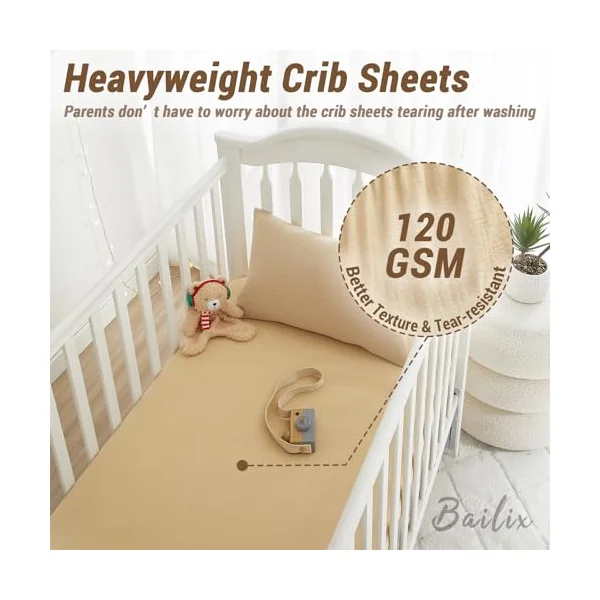 Bailix Heavyweight Muslin Crib Sheets - 2PCS 52"x28" Neutral Fitted Baby Crib Sheets for Boys Girls, Breathable Soft 100% Organic Cotton Standard Baby Mattress Sheet (Cream, Coffee)