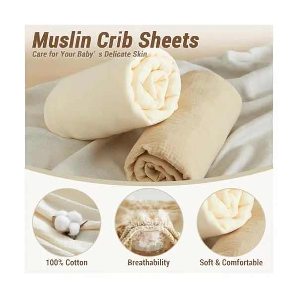Bailix Heavyweight Muslin Crib Sheets - 2PCS 52"x28" Neutral Fitted Baby Crib Sheets for Boys Girls, Breathable Soft 100% Organic Cotton Standard Baby Mattress Sheet (Cream, Coffee)