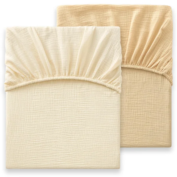 Bailix Heavyweight Muslin Crib Sheets - 2PCS 52"x28" Neutral Fitted Baby Crib Sheets for Boys Girls, Breathable Soft 100% Organic Cotton Standard Baby Mattress Sheet (Cream, Coffee)