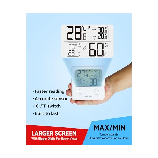 BALDR Digital Thermometer Hygrometer Monitor Indoor Temperature & Humidity Gauge - White