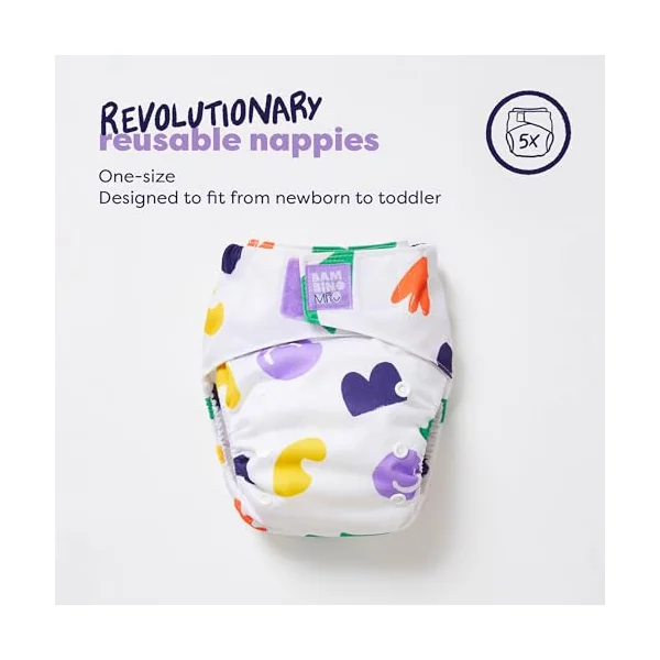 Bambino Mio, Reusable Cloth Nappy Set - The Give-it-a-go Washable Diaper Bundle, 5 x Nappies, 100 messless Liners, Bold