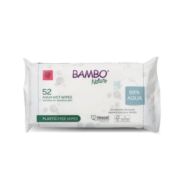 Bambo Nature Aqua Wet Wipes, 1 Pack (52 Wipes), 99% Water, Sensitive Skin Safe, Extra Soft Baby Wipes with 100% Veocel Viscose, Irritation Free for Delicate Skin, Fragrance Free, Ideal for Daily Use