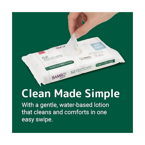 Bambo Nature Aqua Wet Wipes, 1 Pack (52 Wipes), 99% Water, Sensitive Skin Safe, Extra Soft Baby Wipes with 100% Veocel Viscose, Irritation Free for Delicate Skin, Fragrance Free, Ideal for Daily Use