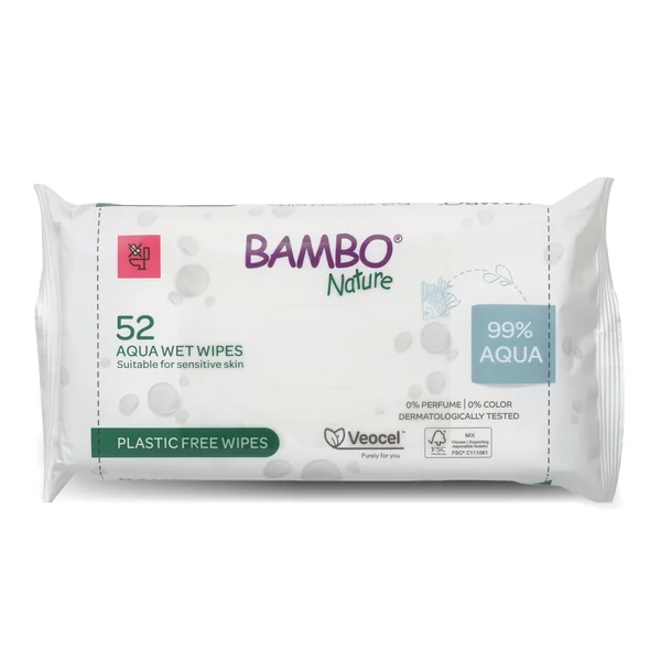 Bambo Nature Aqua Wet Wipes, 1 Pack (52 Wipes), 99% Water, Sensitive Skin Safe, Extra Soft Baby Wipes with 100% Veocel Viscose, Irritation Free for Delicate Skin, Fragrance Free, Ideal for Daily Use