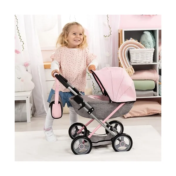 Bayer Cosy Baby Doll Pram and Matching Baby Doll Accessories, 46cm Dolls | Foldable Pushchair with Storage Basket, Changing Bag, Large Wheels, Dolls Pram for 3 Year Olds, Girls & Boys