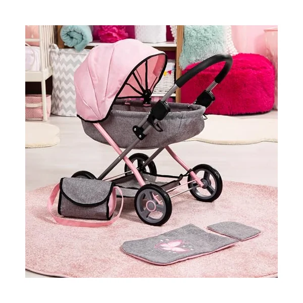 Bayer Cosy Baby Doll Pram and Matching Baby Doll Accessories, 46cm Dolls | Foldable Pushchair with Storage Basket, Changing Bag, Large Wheels, Dolls Pram for 3 Year Olds, Girls & Boys