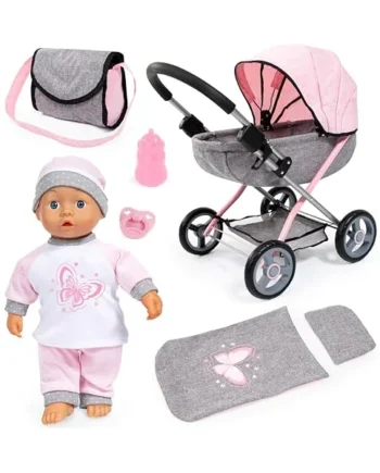 Bayer Design 12733AB Cosy doll's pram, foldable stroller, with 36 cm soft-body doll, blanket, pillow, bag, bottle and dummy