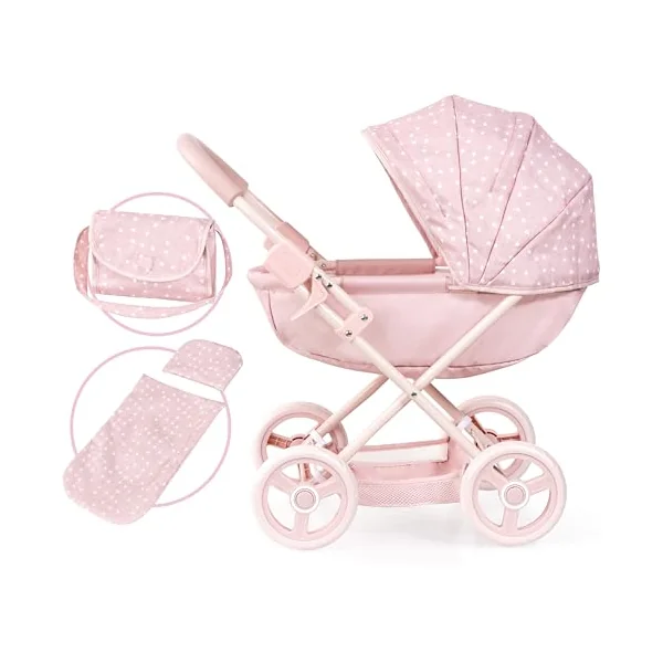 Bayer Design dolls pram Cosy with bag, blanket and cushion, soft handle | baby doll stroller with integrated basket and bed linen, for dolls up to 46 cm, foldable pushchair for toddlers