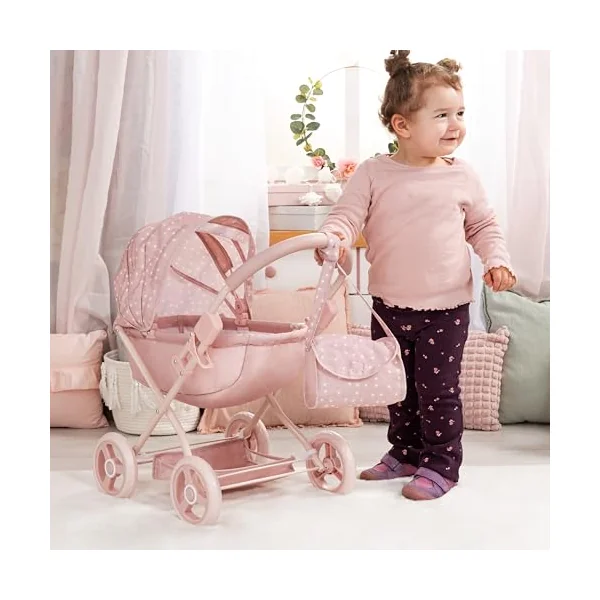 Bayer Design dolls pram Cosy with bag, blanket and cushion, soft handle | baby doll stroller with integrated basket and bed linen, for dolls up to 46 cm, foldable pushchair for toddlers