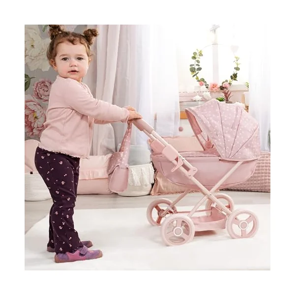 Bayer Design dolls pram Cosy with bag, blanket and cushion, soft handle | baby doll stroller with integrated basket and bed linen, for dolls up to 46 cm, foldable pushchair for toddlers