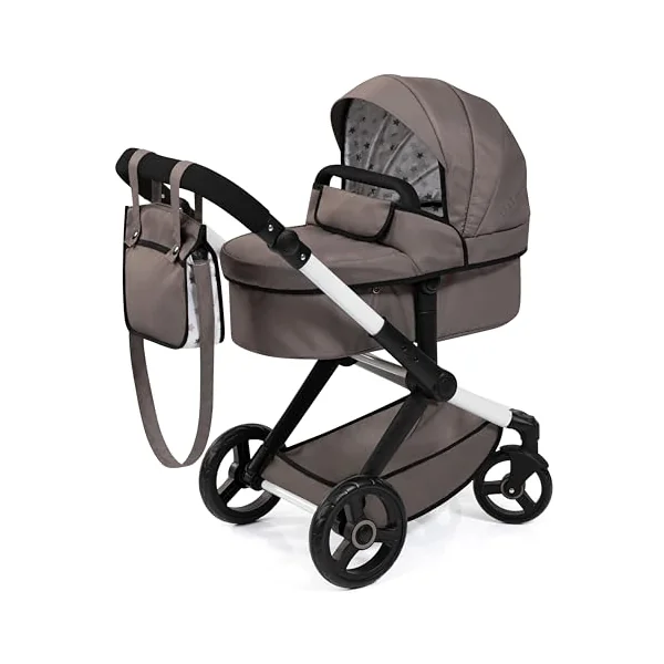 Bayer Design Dolls pram XEO with bag, convertible, height-adjustable handle | doll stroller, carriage pram, with swivel front wheels, reversible handle, integrated basket, for girls and boys, 3+ years
