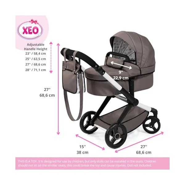 Bayer Design Dolls pram XEO with bag, convertible, height-adjustable handle | doll stroller, carriage pram, with swivel front wheels, reversible handle, integrated basket, for girls and boys, 3+ years