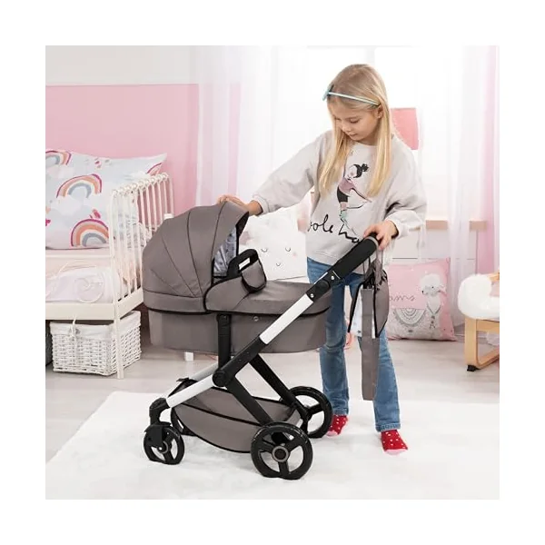 Bayer Design Dolls pram XEO with bag, convertible, height-adjustable handle | doll stroller, carriage pram, with swivel front wheels, reversible handle, integrated basket, for girls and boys, 3+ years