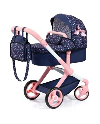 Bayer Design Dolls pram XEO with bag, convertible, height-adjustable handle | doll stroller, carriage pram, with swivel front wheels, reversible handle, integrated basket, for girls and boys, 3+ years