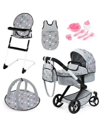 Bayer Design Dolls pram XEO with highchair, bag, sleeping bag, baby gym | doll stroller with accessories, swivel front wheels, reversible, adjustable handle, convertable, for girls, boys, 3+ years