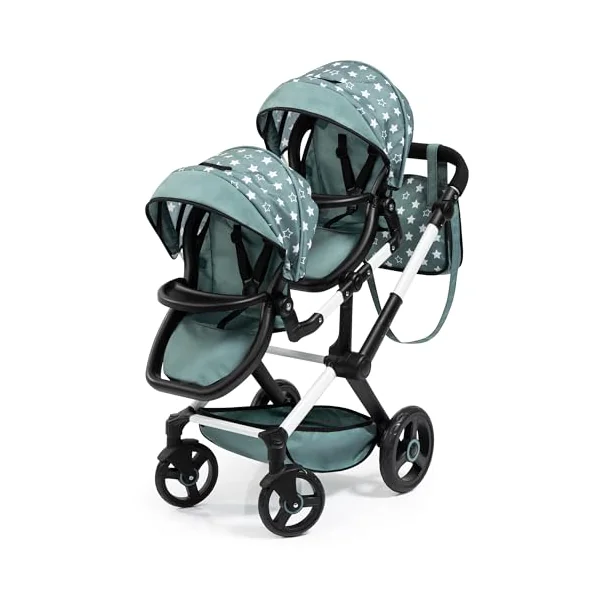 Bayer Design Twin dolls pram with bag, adjustabl, seats variable fixable | carriage pram double stroller with swivel front wheels, reversible handle, integrated basket, for boys and girls 3+ ages