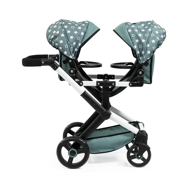 Bayer Design Twin dolls pram with bag, adjustabl, seats variable fixable | carriage pram double stroller with swivel front wheels, reversible handle, integrated basket, for boys and girls 3+ ages