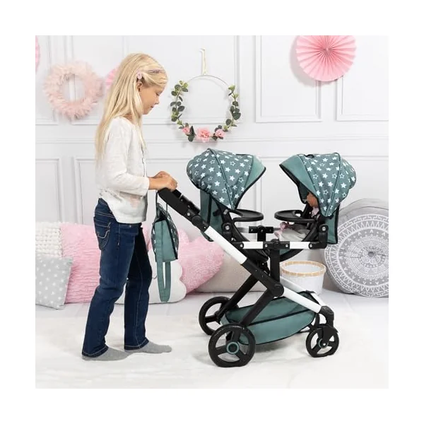Bayer Design Twin dolls pram with bag, adjustabl, seats variable fixable | carriage pram double stroller with swivel front wheels, reversible handle, integrated basket, for boys and girls 3+ ages