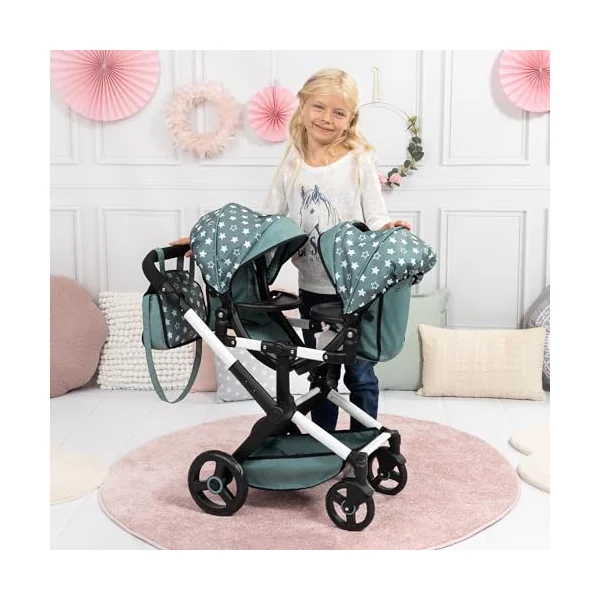 Bayer Design Twin dolls pram with bag, adjustabl, seats variable fixable | carriage pram double stroller with swivel front wheels, reversible handle, integrated basket, for boys and girls 3+ ages