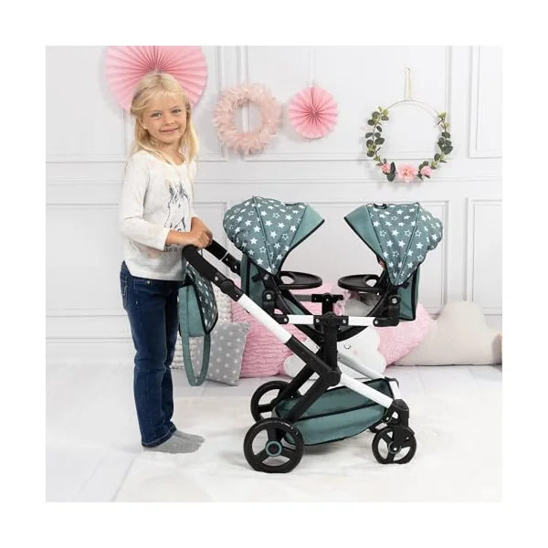 Bayer Design Twin dolls pram with bag, adjustabl, seats variable fixable | carriage pram double stroller with swivel front wheels, reversible handle, integrated basket, for boys and girls 3+ ages