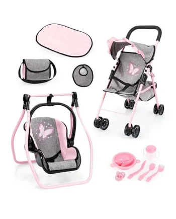 Bayer Pink Dolls Stroller and Swing Set - My First Baby Doll Pram Set | Kids Pushchair for Dolls 46 cm, Swing Carrier, Feeding Accessories, Changing Bag, Basket, Toy Buggy for Girls, Toddler