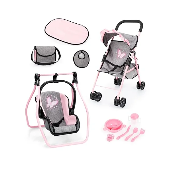 Bayer Pink Dolls Stroller and Swing Set - My First Baby Doll Pram Set | Kids Pushchair for Dolls 46 cm, Swing Carrier, Feeding Accessories, Changing Bag, Basket, Toy Buggy for Girls, Toddler