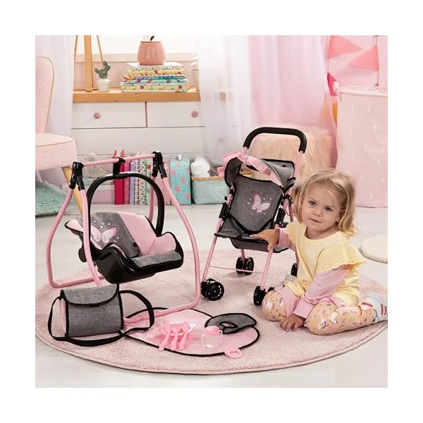 Bayer Pink Dolls Stroller and Swing Set - My First Baby Doll Pram Set | Kids Pushchair for Dolls 46 cm, Swing Carrier, Feeding Accessories, Changing Bag, Basket, Toy Buggy for Girls, Toddler