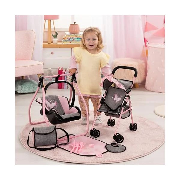 Bayer Pink Dolls Stroller and Swing Set - My First Baby Doll Pram Set | Kids Pushchair for Dolls 46 cm, Swing Carrier, Feeding Accessories, Changing Bag, Basket, Toy Buggy for Girls, Toddler