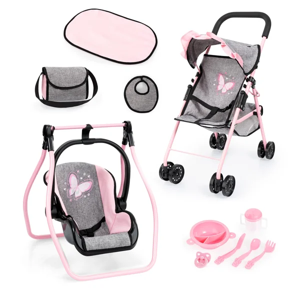 Bayer Pink Dolls Stroller and Swing Set - My First Baby Doll Pram Set | Kids Pushchair for Dolls 46 cm, Swing Carrier, Feeding Accessories, Changing Bag, Basket, Toy Buggy for Girls, Toddler