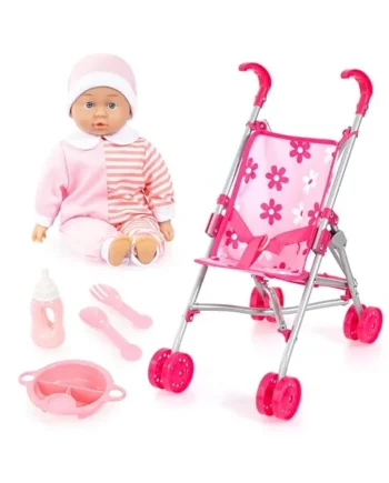 Bayer Pink Dolls Stroller -Doll and Pram Set for 2 Year Old+ Doll Included | Cuddly Baby Dolly 36 cm & Feeding Baby Accessories, My First Foldable Dolls Pushchair, Toy Buggy, for Girls, Toddler