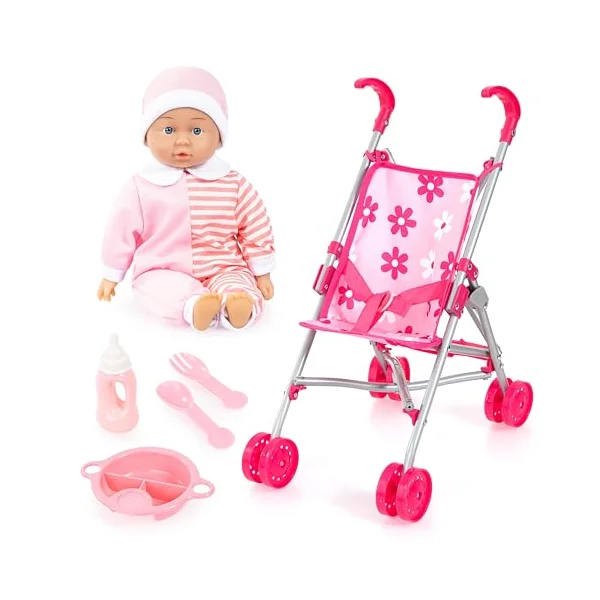 Bayer Pink Dolls Stroller -Doll and Pram Set for 2 Year Old+ Doll Included | Cuddly Baby Dolly 36 cm & Feeding Baby Accessories, My First Foldable Dolls Pushchair, Toy Buggy, for Girls, Toddler