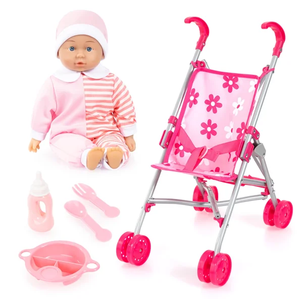 Bayer Pink Dolls Stroller -Doll and Pram Set for 2 Year Old+ Doll Included | Cuddly Baby Dolly 36 cm & Feeding Baby Accessories, My First Foldable Dolls Pushchair, Toy Buggy, for Girls, Toddler