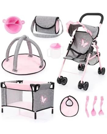 Bayer Pink Dolls Stroller Set, Baby Doll Accessories Pram Set, 10 Pieces | Kids Pushchair for Dolls 46 cm, Cot, Play Mat, Feeding Accessories, Changing Bag, Basket, Toy Buggy for Girls, Toddler