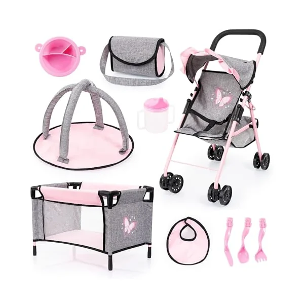 Bayer Pink Dolls Stroller Set, Baby Doll Accessories Pram Set, 10 Pieces | Kids Pushchair for Dolls 46 cm, Cot, Play Mat, Feeding Accessories, Changing Bag, Basket, Toy Buggy for Girls, Toddler