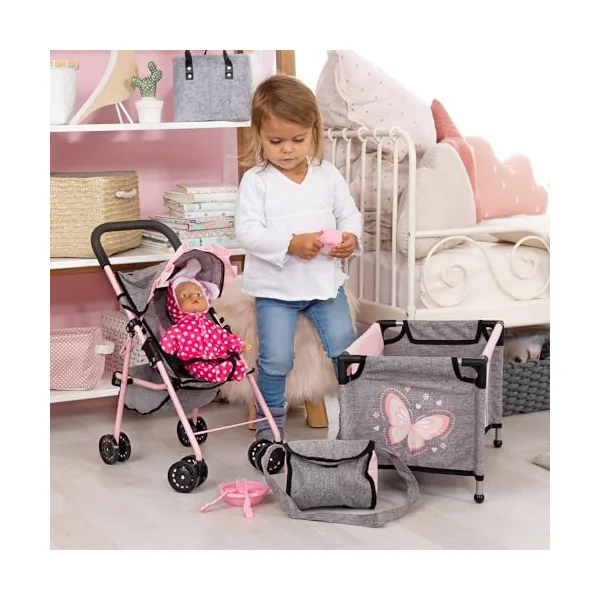 Bayer Pink Dolls Stroller Set, Baby Doll Accessories Pram Set, 10 Pieces | Kids Pushchair for Dolls 46 cm, Cot, Play Mat, Feeding Accessories, Changing Bag, Basket, Toy Buggy for Girls, Toddler
