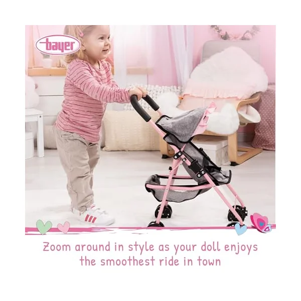 Bayer Pink Dolls Stroller Set, Baby Doll Accessories Pram Set, 10 Pieces | Kids Pushchair for Dolls 46 cm, Cot, Play Mat, Feeding Accessories, Changing Bag, Basket, Toy Buggy for Girls, Toddler