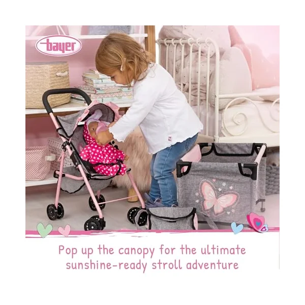 Bayer Pink Dolls Stroller Set, Baby Doll Accessories Pram Set, 10 Pieces | Kids Pushchair for Dolls 46 cm, Cot, Play Mat, Feeding Accessories, Changing Bag, Basket, Toy Buggy for Girls, Toddler