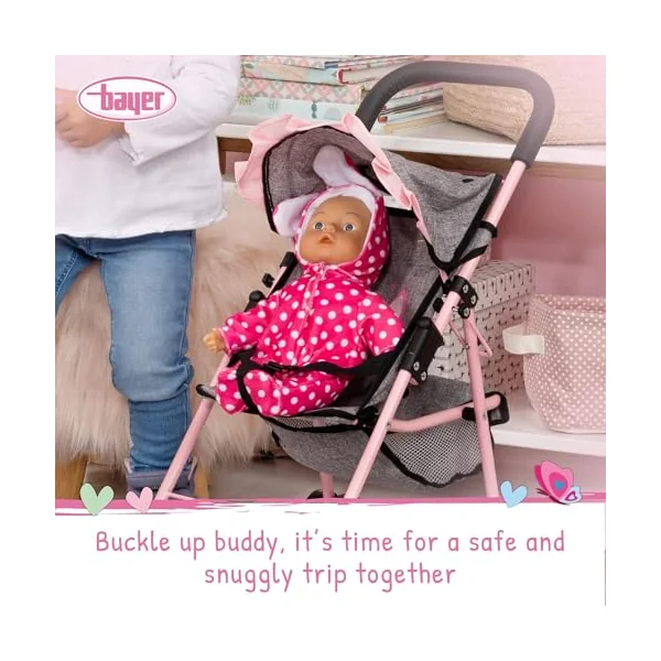 Bayer Pink Dolls Stroller Set, Baby Doll Accessories Pram Set, 10 Pieces | Kids Pushchair for Dolls 46 cm, Cot, Play Mat, Feeding Accessories, Changing Bag, Basket, Toy Buggy for Girls, Toddler