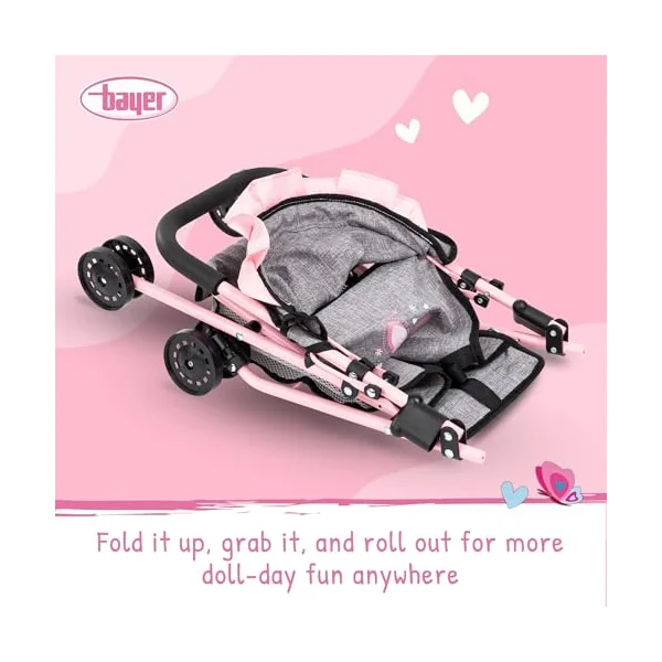 Bayer Pink Dolls Stroller Set, Baby Doll Accessories Pram Set, 10 Pieces | Kids Pushchair for Dolls 46 cm, Cot, Play Mat, Feeding Accessories, Changing Bag, Basket, Toy Buggy for Girls, Toddler
