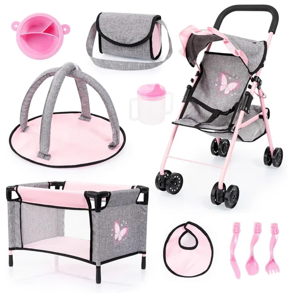 Bayer Pink Dolls Stroller Set, Baby Doll Accessories Pram Set, 10 Pieces | Kids Pushchair for Dolls 46 cm, Cot, Play Mat, Feeding Accessories, Changing Bag, Basket, Toy Buggy for Girls, Toddler