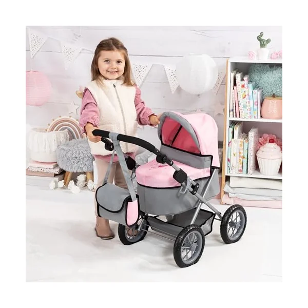 Bayer Trendy Baby Dolls Pram, Foldable Pushchair, 46cm Dolls, Fairy Design | Doll Pram with Storage Basket, Changing Bag & Carrycot Cover for 3 Year Olds, Girls, Toddler, 3-5, 6 Years, Pink & Grey