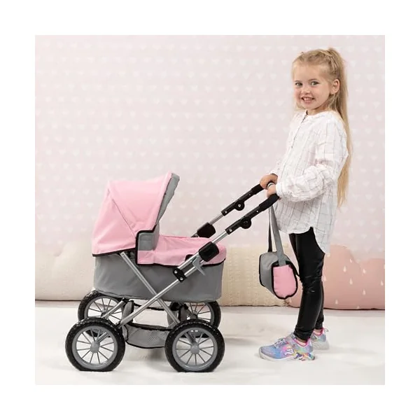 Bayer Trendy Baby Dolls Pram, Foldable Pushchair, 46cm Dolls, Fairy Design | Doll Pram with Storage Basket, Changing Bag & Carrycot Cover for 3 Year Olds, Girls, Toddler, 3-5, 6 Years, Pink & Grey
