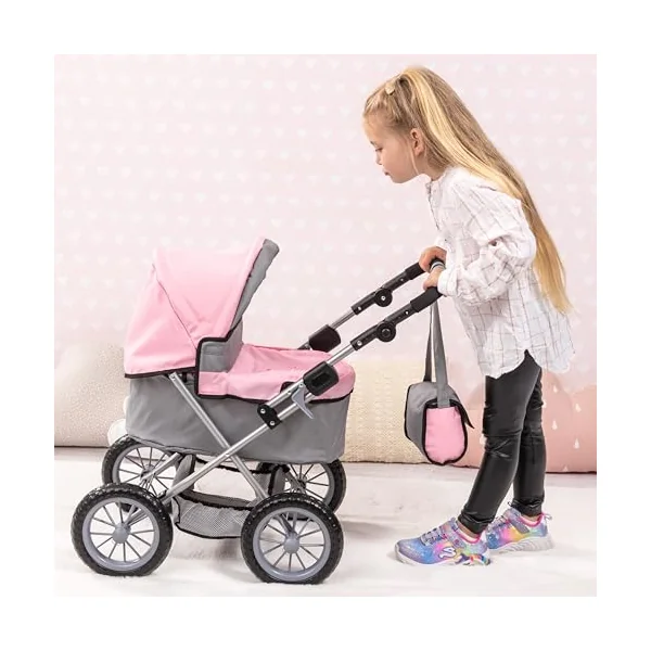 Bayer Trendy Baby Dolls Pram, Foldable Pushchair, 46cm Dolls, Fairy Design | Doll Pram with Storage Basket, Changing Bag & Carrycot Cover for 3 Year Olds, Girls, Toddler, 3-5, 6 Years, Pink & Grey