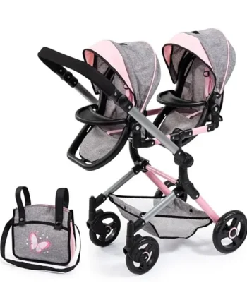 Bayer Twin Dolls Double Pram - Foldable Dolls Double Buggy, Twin Stroller | Tandem Pushchair with Adjustable Seats & Handle Height for Girls, 3-5, 6, 7 Years, Baby Doll Pram with Basket & Changing Bag